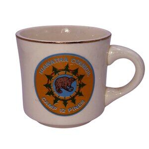 Vintage Boy Scouts Hiawatha Council Camp 12 Pines Mug Beaver Logo Gold Rim 1960s